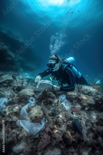 Scuba diver removes plastic trash underwater