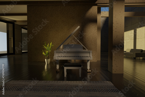 3D rendering of luxury spacious lounge with piano and wooden floor
