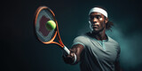 Handsome black man tennis player athlete. Sports, diversity and inclusion concept. Related to the themes of strategy, tactics, gameplan, execution, performance, excellence, peak, peak performance 