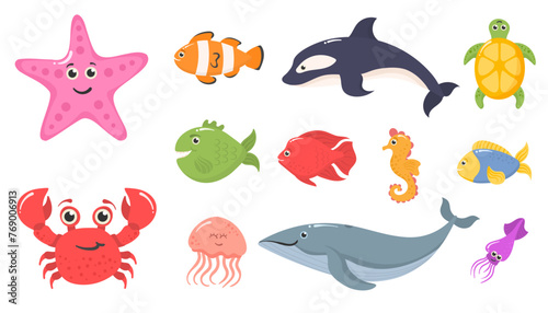 Set of funny ocean animals isolated on a white background. Sea creatures. Marine animals and aquatic plants. Underwater creature set vector isolated. Funny cartoon character. Vector illustration.
