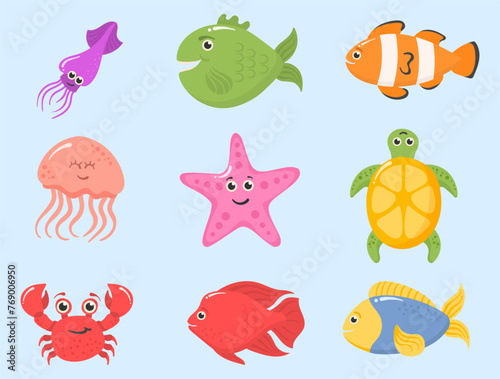 Set of funny ocean animals isolated on a white background. Sea creatures. Marine animals and aquatic plants. Underwater creature set vector isolated. Funny cartoon character. Vector illustration. 
