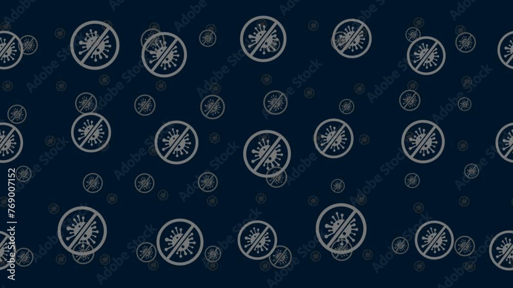 Stop coronavirus symbols float horizontally from left to right. Parallax fly effect. Floating symbols are located randomly. Seamless looped 4k animation on dark blue background Stop coronavirus symbols float horizontally from left to right. Parallax fly effect. Floating symbols are located randomly. Seamless looped 4k animation on dark blue background