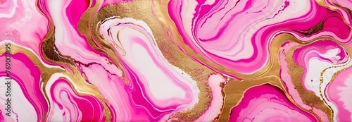 Luxurious abstract liquid art painting using alcohol ink technique, liquid art, liquid oil. Abstract marble waves painted with pink and gold. Wide banner, panorama. Concept design, print, background