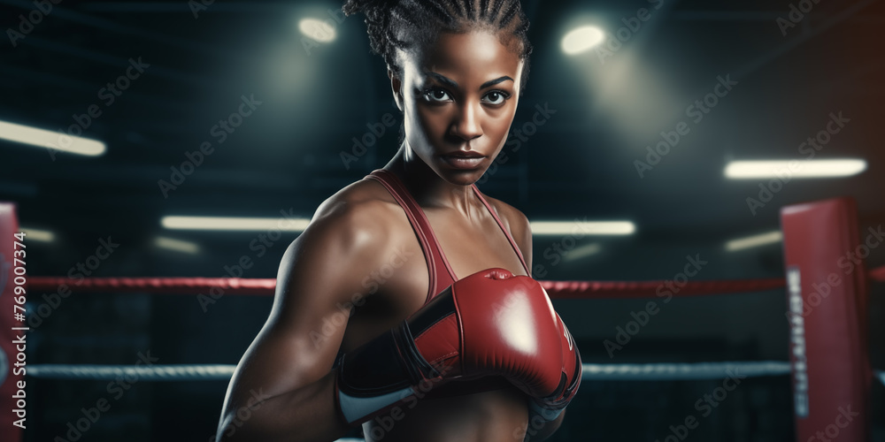 Pretty black woman boxer athlete. Sports, diversity and inclusion concept. Related to the themes of spotlight moment, record, breakthrough, milestone, legacy, legend, icon, hero, superstar