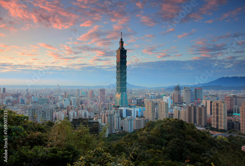 Taipei 101 tower skyline, urban landscape cityscape, taken from Xiangshan, elephant mountain. photo