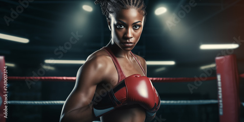 Pretty black woman boxer athlete. Sports, diversity and inclusion concept. Related to the themes of spotlight moment, record, breakthrough, milestone, legacy, legend, icon, hero, superstar © ana