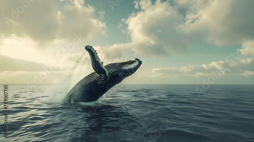 A majestic humpback whale breaching out of the ocean