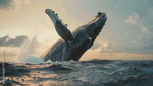 A majestic humpback whale breaching out of the ocean photo