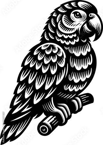 Showcasing a parrot with detailed feather patterns and a curious head tilt, this vector illustration is crafted in elegant black and white