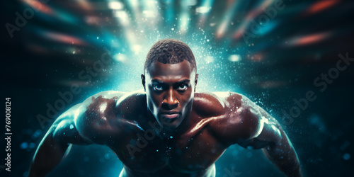 Handsome black man swimmer athlete. Sports, diversity and inclusion concept. Related to the themes of spirit, camaraderie, brotherhood, sisterhood, grace, elegance, poise, form, technique, skill