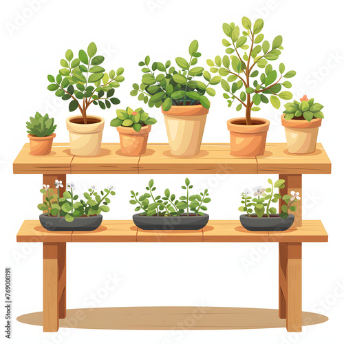 Gardening tools on a wooden bench isolated on white background, flat design, png 