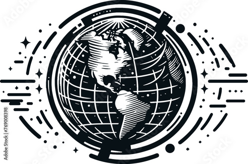 Black vector illustration on white background of a globe, detailed for travel, global issues, and education themes.