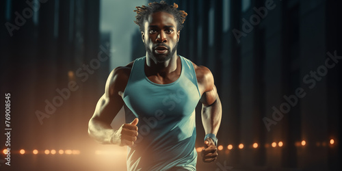 Handsome black man runner athlete. Sports, diversity and inclusion concept. Related to the themes of tactics, gameplan, execution, performance, excellence, peak, peak performance, prime, prime time
