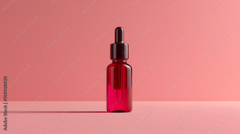 Elegant Red Glass Dropper Bottle on a Pink Background for Cosmetic Use Elegant Red Glass Dropper Bottle on a Pink Background for Cosmetic Use