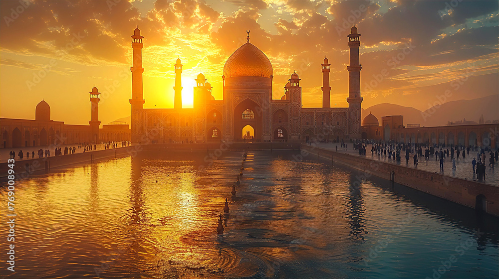 Iconic view of central Asia mosque at sunset, inspired by isphahan culture. Travel, culture and education concept 