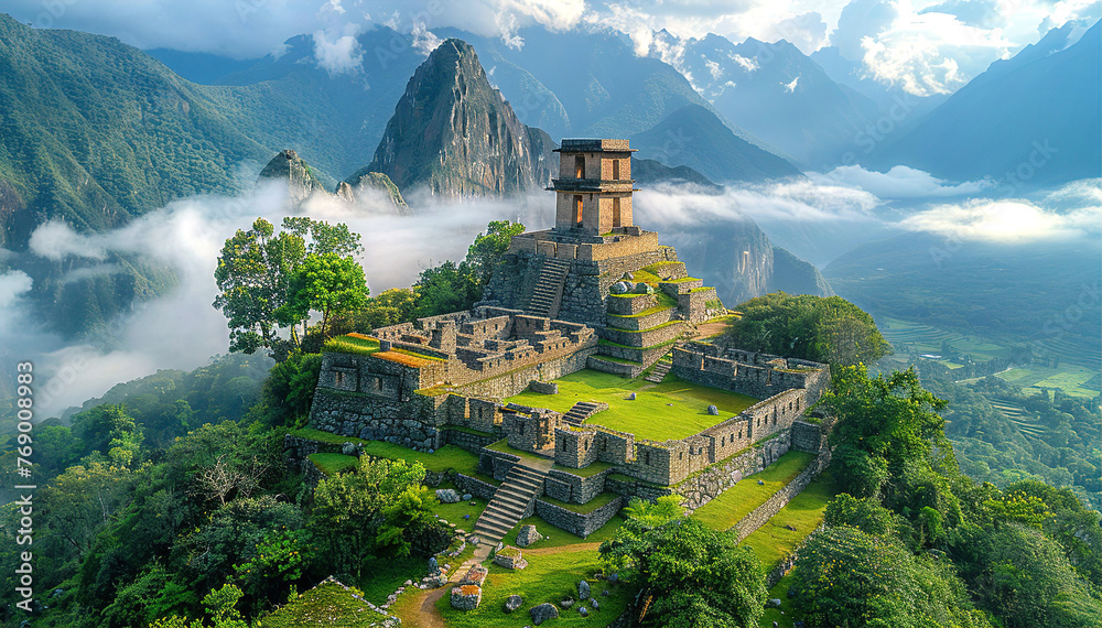 Ancient city in Peru, archeological site in the middle of  tropical mountain forest, beautiful panorama with mountains and clouds - obrazy, fototapety, plakaty 