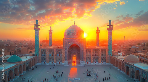 Iconic view of central Asia mosque at sunset, inspired by isphahan culture. Travel, culture and education concept  photo