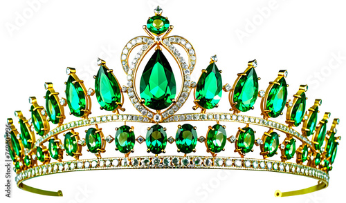 Tiara isolated on white background. Large crown set with emeralds. Precious object, royal, queen, nobility, carnival objects. Cut out, large gemstones. Crown of Ireland.