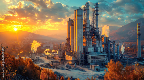 Industrial panorama of a modern Cement factory, heavy industrial complex, dramatic panorama with environmental and eco concept.  photo