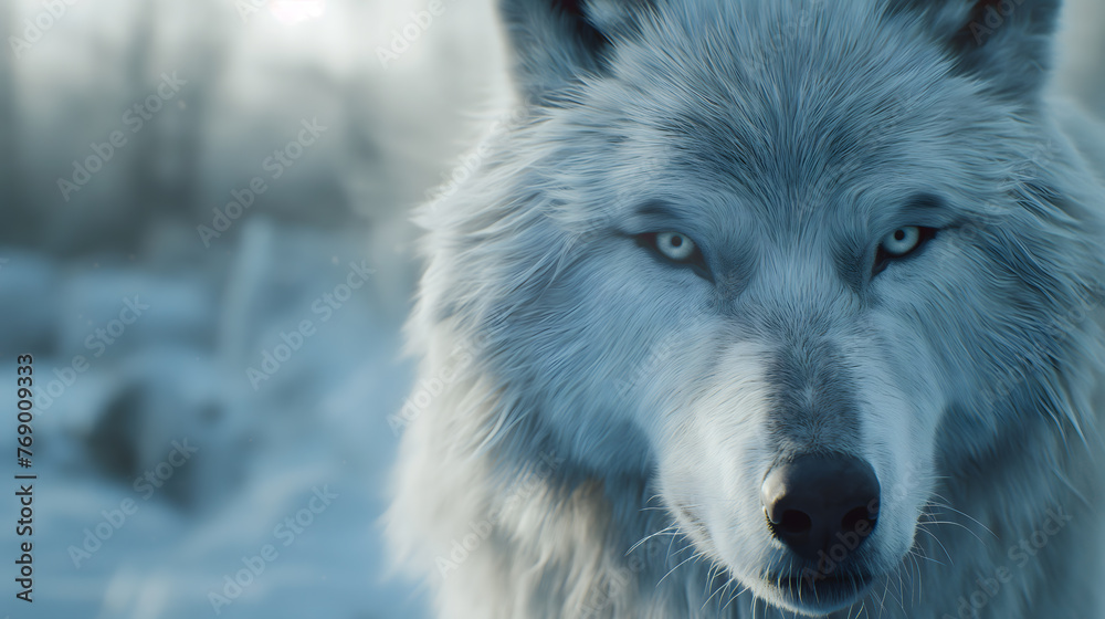 Naklejka premium Majestic White Wolf in Snowy Wilderness - A Portrait of Wild Beauty