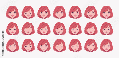 Young red choppy bob haircut pale woman, attractive female emotion set, cute girl bundle portrait. Different face icons, positive, negative facial expression feature pic. Vector illustration circles