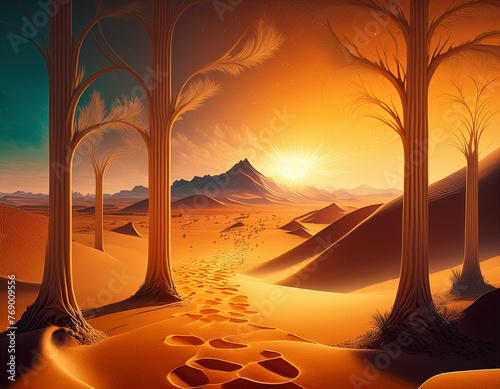 Tranquil Desert Stroll  Sunset Illuminating Still Sands with Footsteps