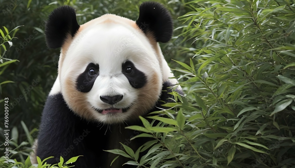 A Giant Panda Peeking Out From Behind A Bush