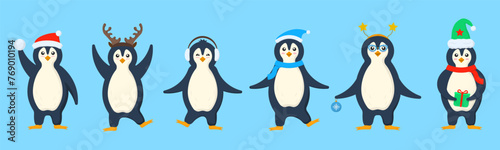 Collection of funny cartoon arctic characters animals in outerwear. Set of adorable penguins wearing winter clothing and hats. Postcard for New Year and Christmas. Vector image in cartoon flat style.