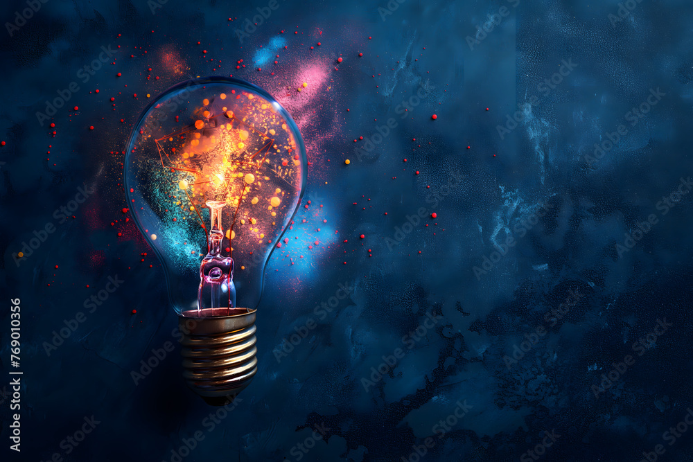 Exploding Lightbulb with Abstract Colorful Particles on Dark Background