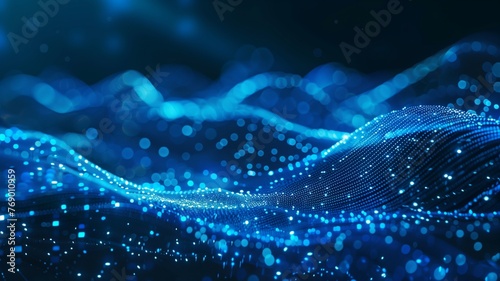 Wave of dots and weave lines. Abstract blue background for design on the topic of cyberspace, big data, metaverse, network security, data transfer on dark blue abstract cyberspace background. 