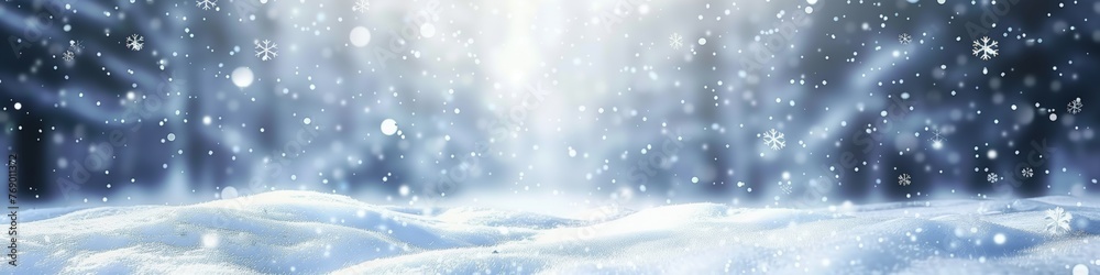 snow winter background with snowdrifts beautiful light and snow flakes on the blue sky in the evening banner format copy space