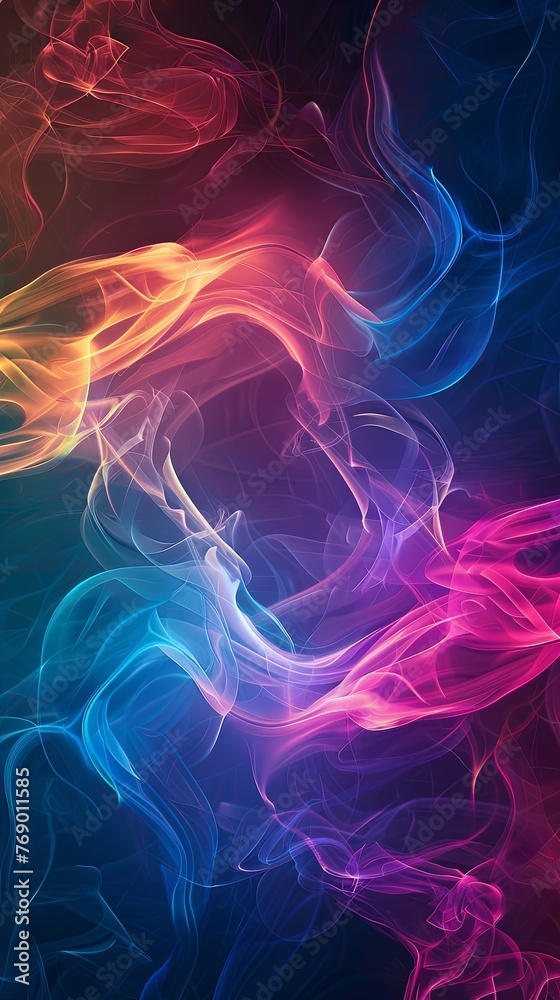 Vibrant smoke patterns in blue and pink hues on dark background. Abstract digital wallpaper design with fluid dynamics concept