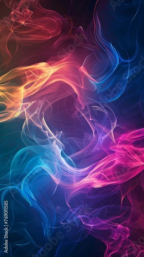 Vibrant smoke patterns in blue and pink hues on dark background. Abstract digital wallpaper design with fluid dynamics concept