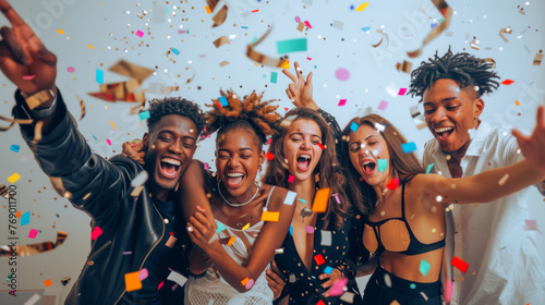 Five friends are tossing confetti and laughing together at a vibrant indoor celebration.
