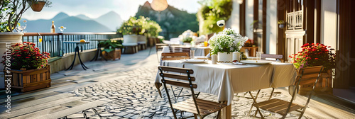Cozy Cafe Terrace in Summer, City Street Charm, Outdoor Dining and Relaxation