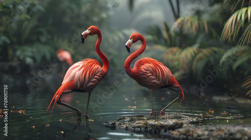 A pair of graceful flamingos wading in a shallow lagoon