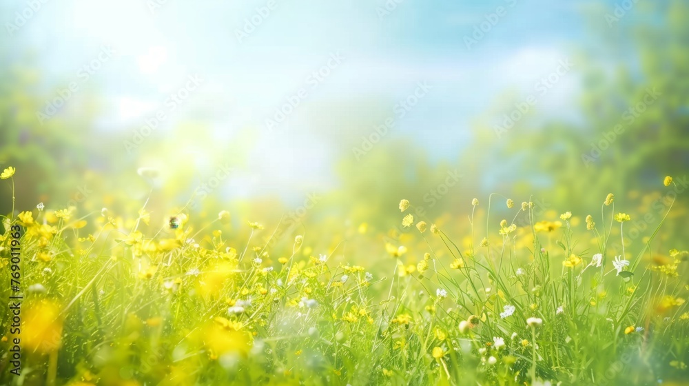 sunny day beautiful blurred spring background nature with blooming glade chamomile trees and blue sky