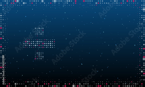 On the left is the division symbol filled with white dots. Pointillism style. Abstract futuristic frame of dots and circles. Some dots is pink. Vector illustration on blue background with stars