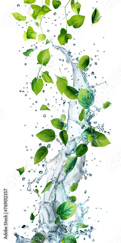 Fresh Green Leaves Twirling in Pure Water Stream with Air Bubbles