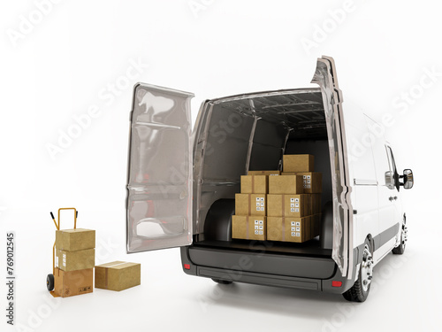 3D rendering of delivery van full of shipping packages