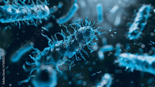 Blue microorganisms in a fluid environment. High-definition 3D illustration. Science and microbiology concept for educational graphics