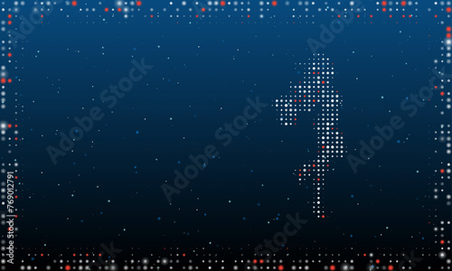 On the right is the enchantress symbol filled with white dots. Pointillism style. Abstract futuristic frame of dots and circles. Some dots is red. Vector illustration on blue background with stars