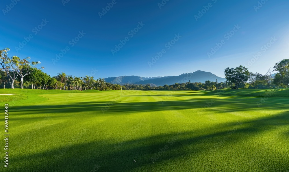 Fototapeta premium Golf course with mountain and blue sky background.