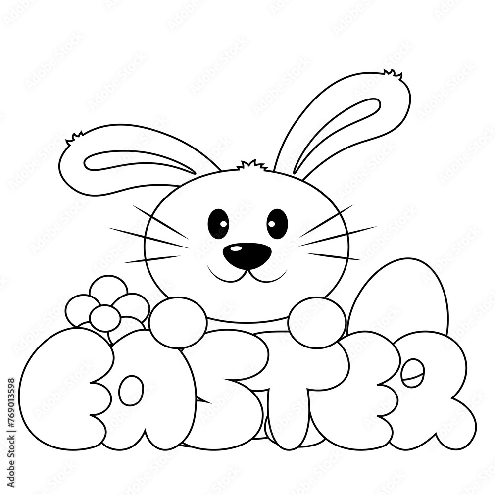 Cute cartoon Rabbit with word Easter in black and white Cute cartoon Rabbit with word Easter in black and white