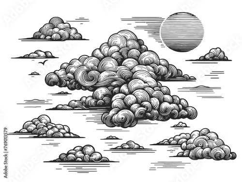 Clouds and sun on surreal sky sketch engraving generative ai fictional character vector illustration. Scratch board imitation. Black and white image.