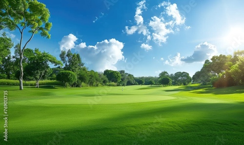 Golf course with mountain and blue sky background.