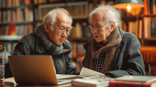In a cozy library, two senior men are engaged in a discussion over a book and a laptop, representing a blend of traditional and modern methods of learning.