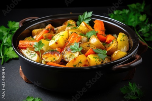 An assortment of rustic oven-baked vegetables seasoned with aromatic herbs in a dark casserole dish, ready for a wholesome meal. Rustic Oven-Baked Vegetables with Aromatic Herbs
