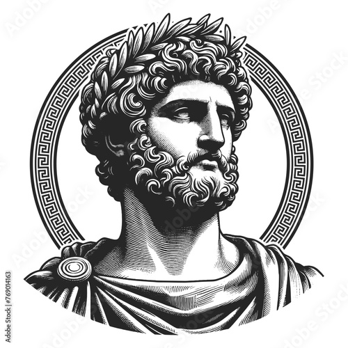 classical Greek statue philosopher laurel wreath, framed by a Greek key pattern sketch engraving generative ai fictional character vector illustration. Scratch board imitation. Black and white image.