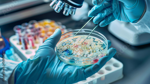 Scientist Examining Bacterial Colonies in Petri Dish © MP Studio